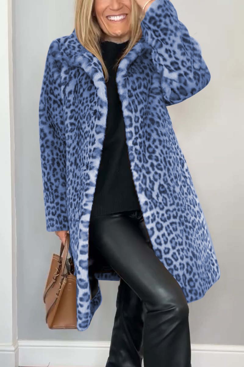 Flowering Girl Women Stylish Leopard Print Lapel Faux Fur Mid-length Coat