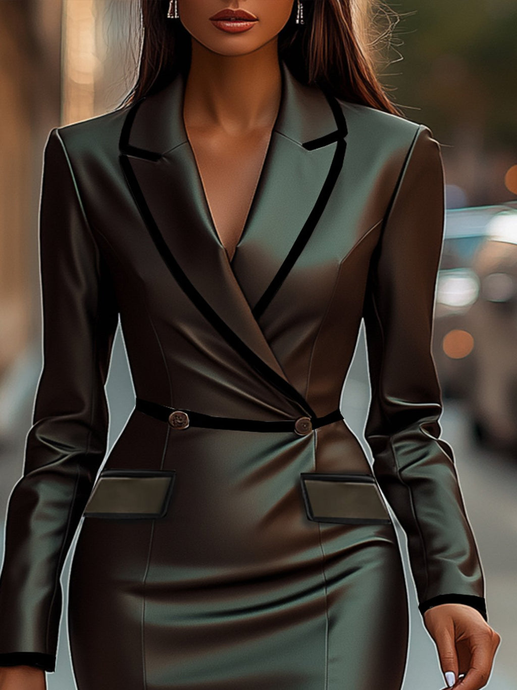 Flowering Girl Women Green Lapel Long Sleeve Dress