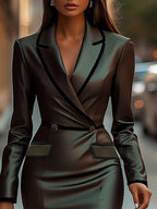 Flowering Girl Women Green Lapel Long Sleeve Dress