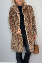 Flowering Girl Women Stylish Leopard Print Lapel Faux Fur Mid-length Coat