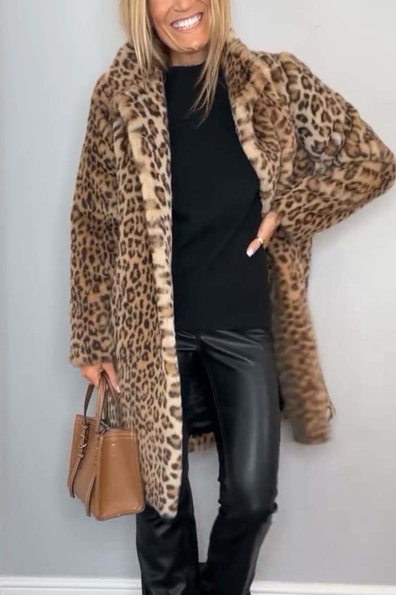 Flowering Girl Women Stylish Leopard Print Lapel Faux Fur Mid-length Coat