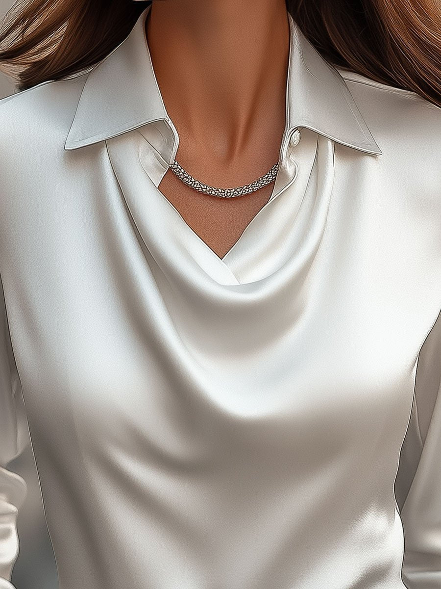 Elegant White Satin Blouse With Draped Neckline