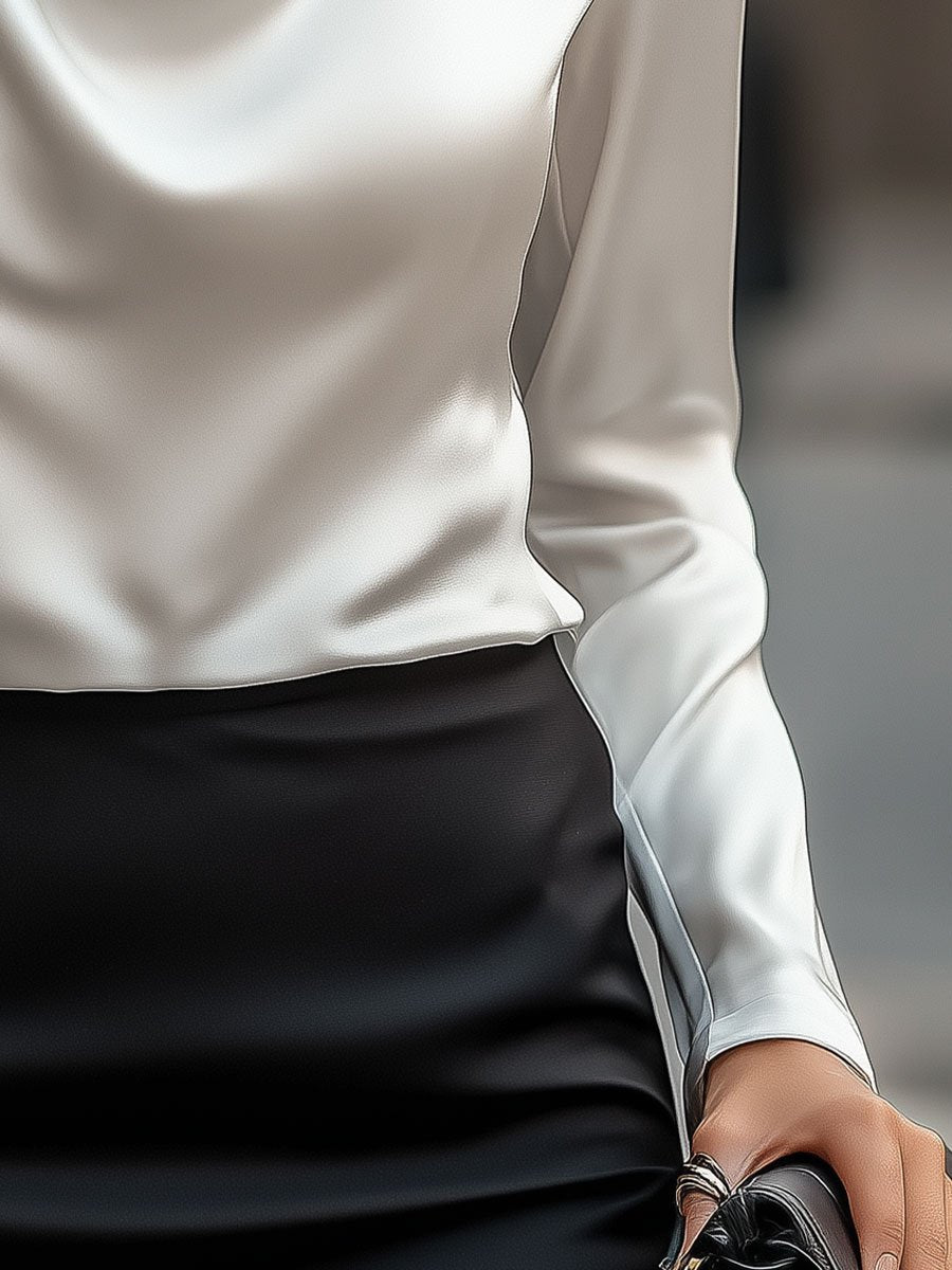Elegant White Satin Blouse With Draped Neckline