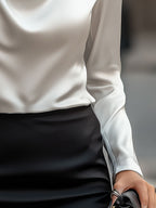 Elegant White Satin Blouse With Draped Neckline