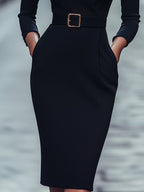 Refined Black Belted Sheath Dress With Mandarin Collar