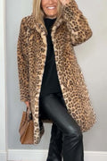 Flowering Girl Women Stylish Leopard Print Lapel Faux Fur Mid-length Coat