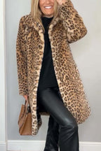 Flowering Girl Women Stylish Leopard Print Lapel Faux Fur Mid-length Coat