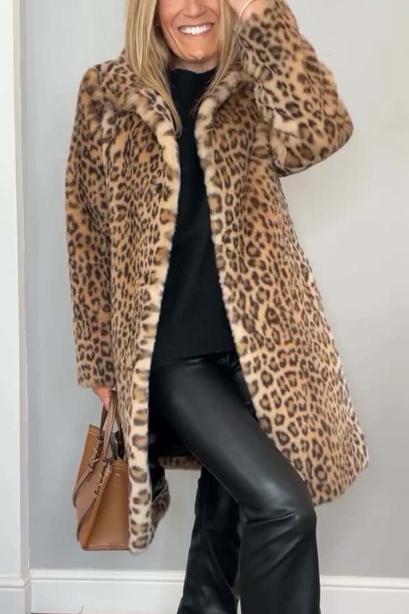Flowering Girl Women Stylish Leopard Print Lapel Faux Fur Mid-length Coat