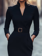 Refined Black Belted Sheath Dress With Mandarin Collar