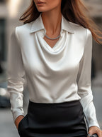 Elegant White Satin Blouse With Draped Neckline