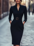 Refined Black Belted Sheath Dress With Mandarin Collar