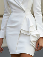 Elegant White Tailored Blazer Dress With Ruffle Detail
