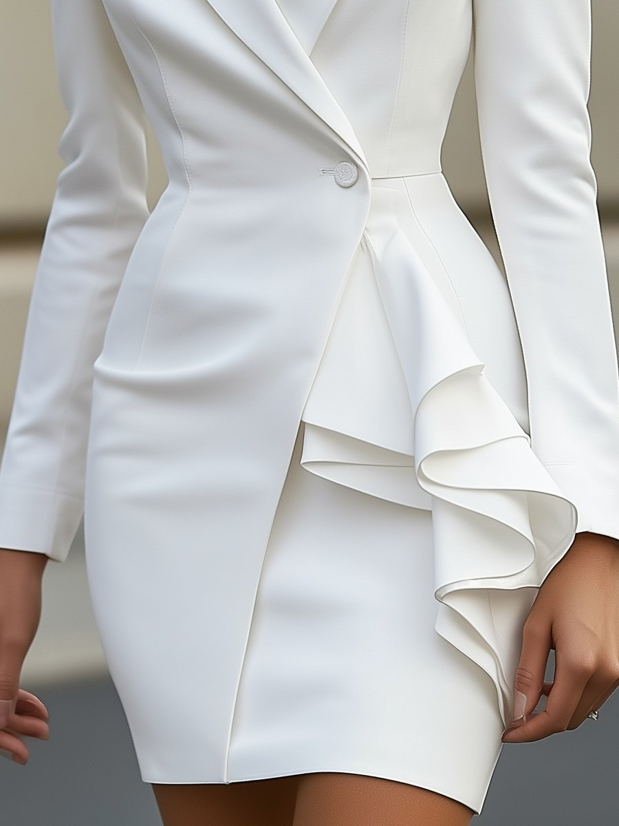 Elegant White Tailored Blazer Dress With Ruffle Detail
