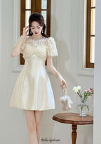 Flowering Girl Women Floral Lace Puff Sleeve A-Line mini Dress in apricot