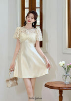 Flowering Girl Women Floral Lace Puff Sleeve A-Line mini Dress in apricot