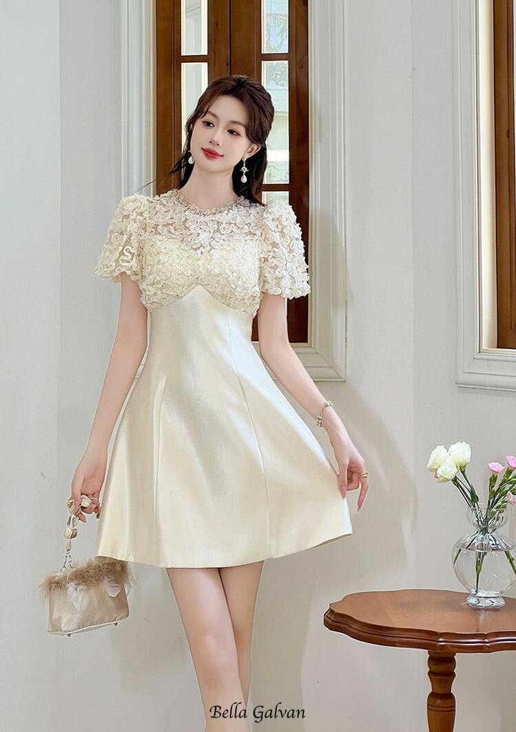 Flowering Girl Women Floral Lace Puff Sleeve A-Line mini Dress in apricot