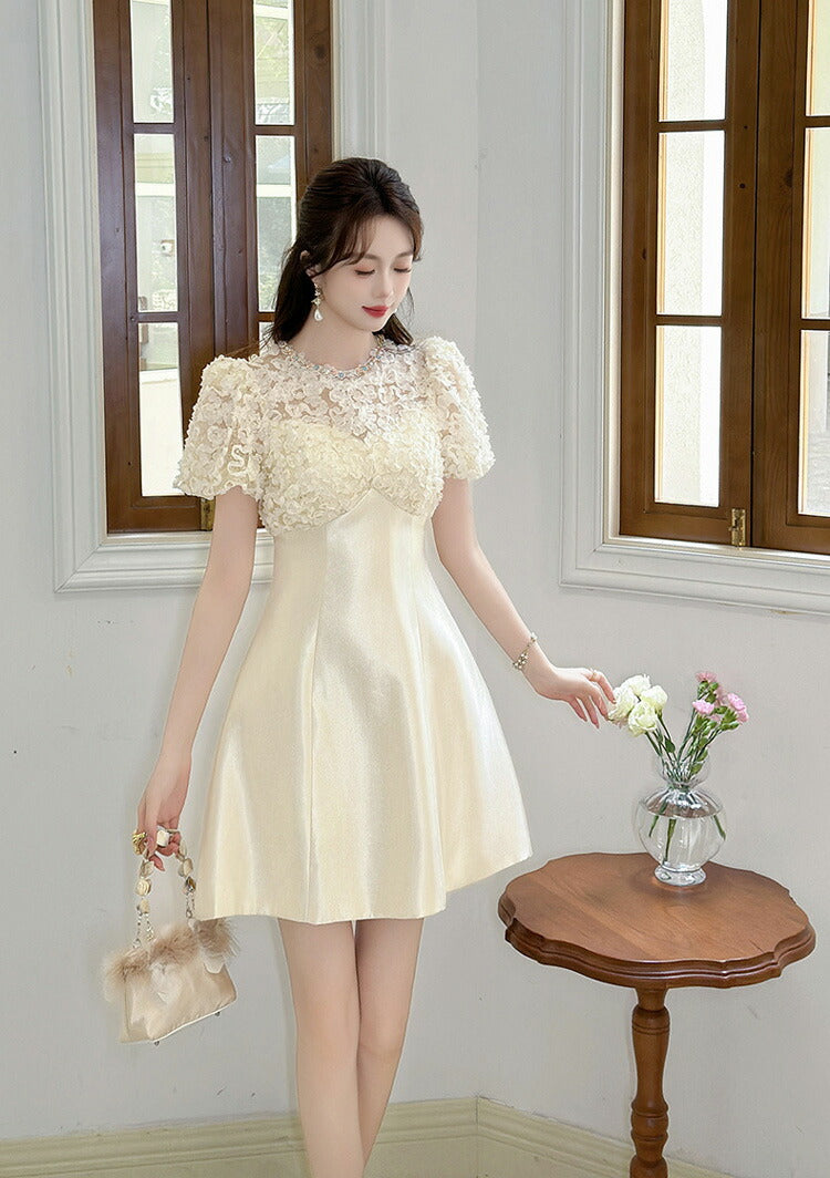 Flowering Girl Women Floral Lace Puff Sleeve A-Line mini Dress in apricot
