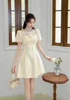 Flowering Girl Women Floral Lace Puff Sleeve A-Line mini Dress in apricot