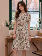 Flowering Girl Women sabrina V-Neck Printed Drawstring Chiffon Dress
