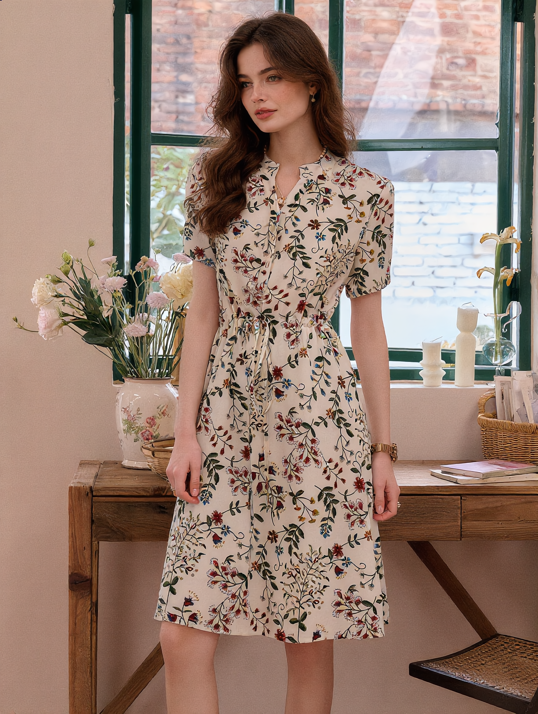 Flowering Girl Women sabrina V-Neck Printed Drawstring Chiffon Dress