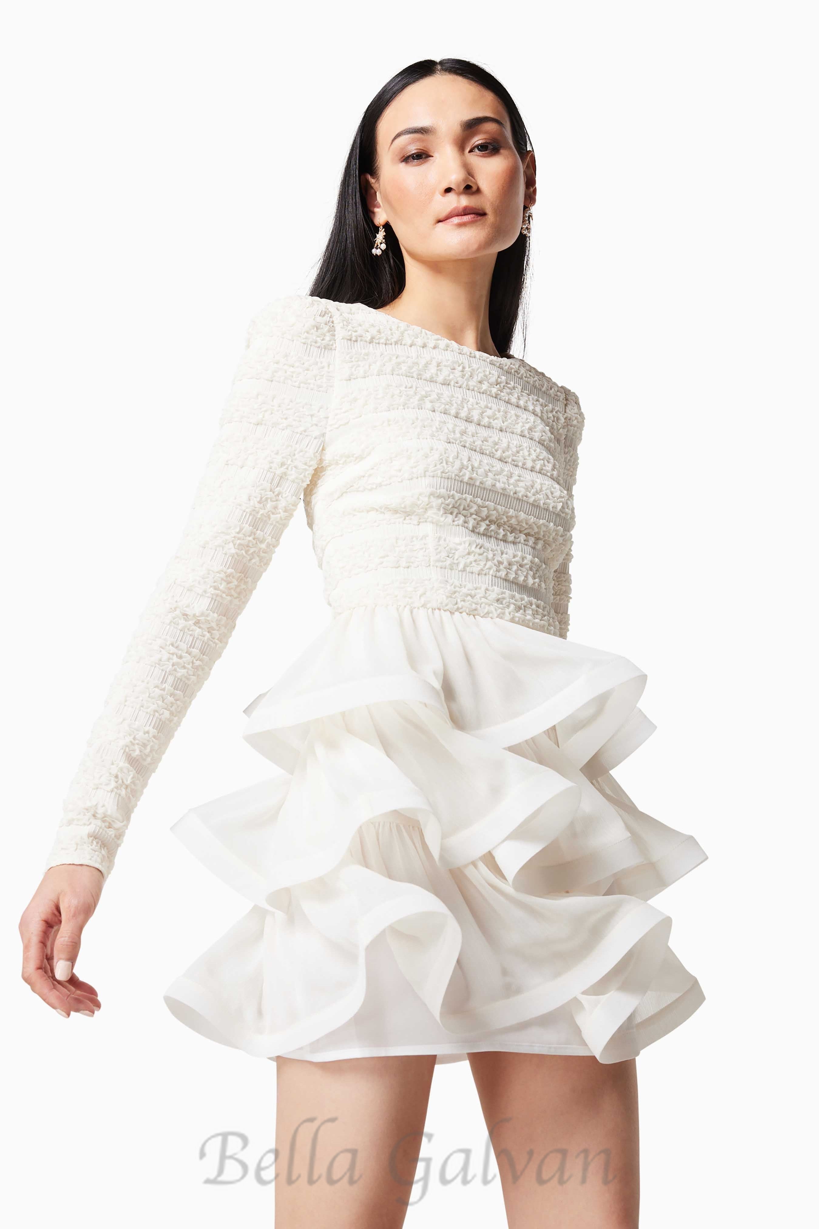 Flowering Girl Women Ruffle trim Long Sleeved Mini Dress in white