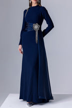 Crystal Flower Long-Sleeve Lace Pleated Maxi Dress In Blue