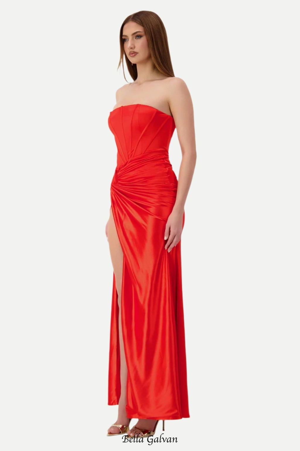 pleated strapless high slit maxi dress in red