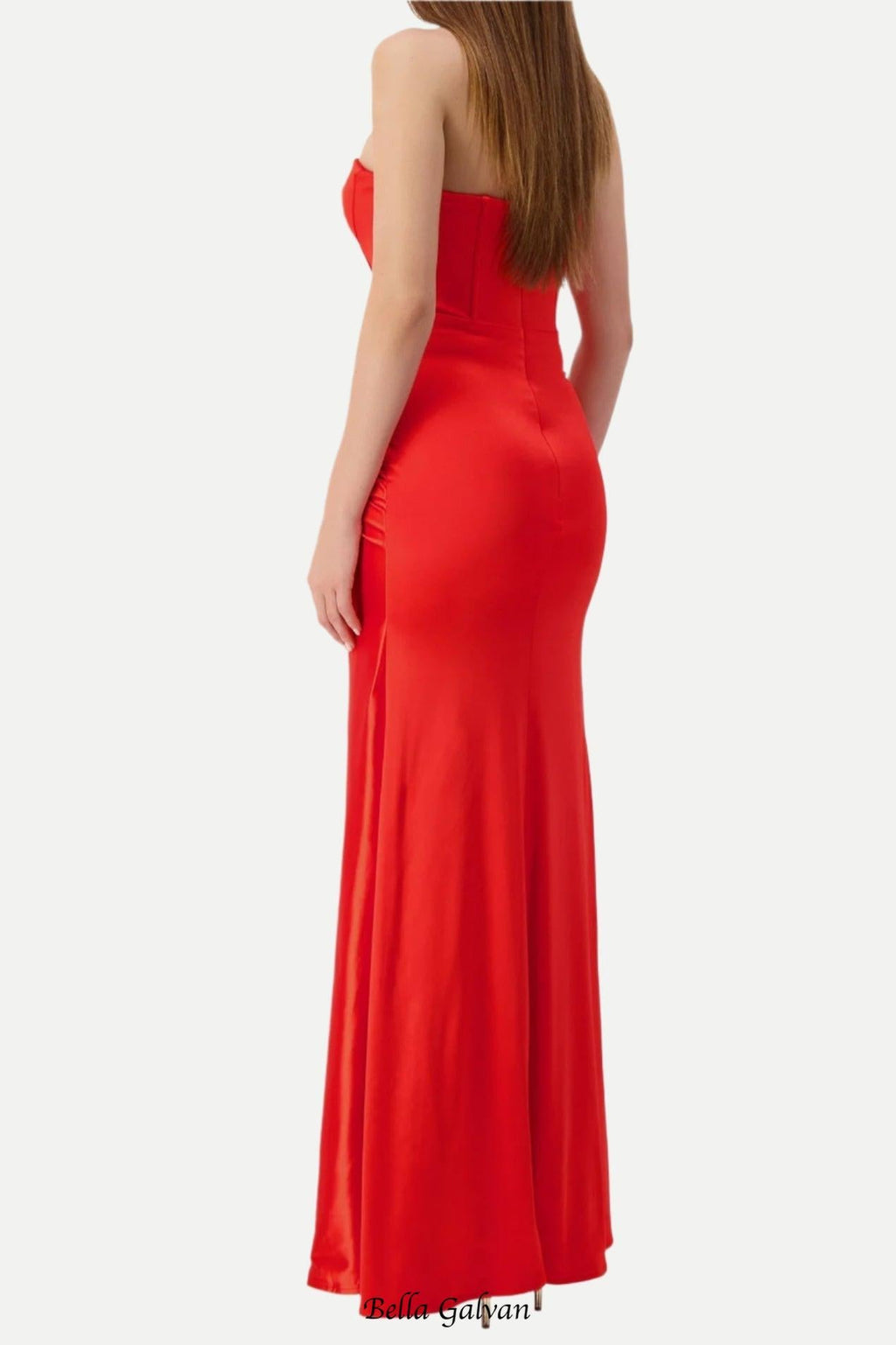 pleated strapless high slit maxi dress in red