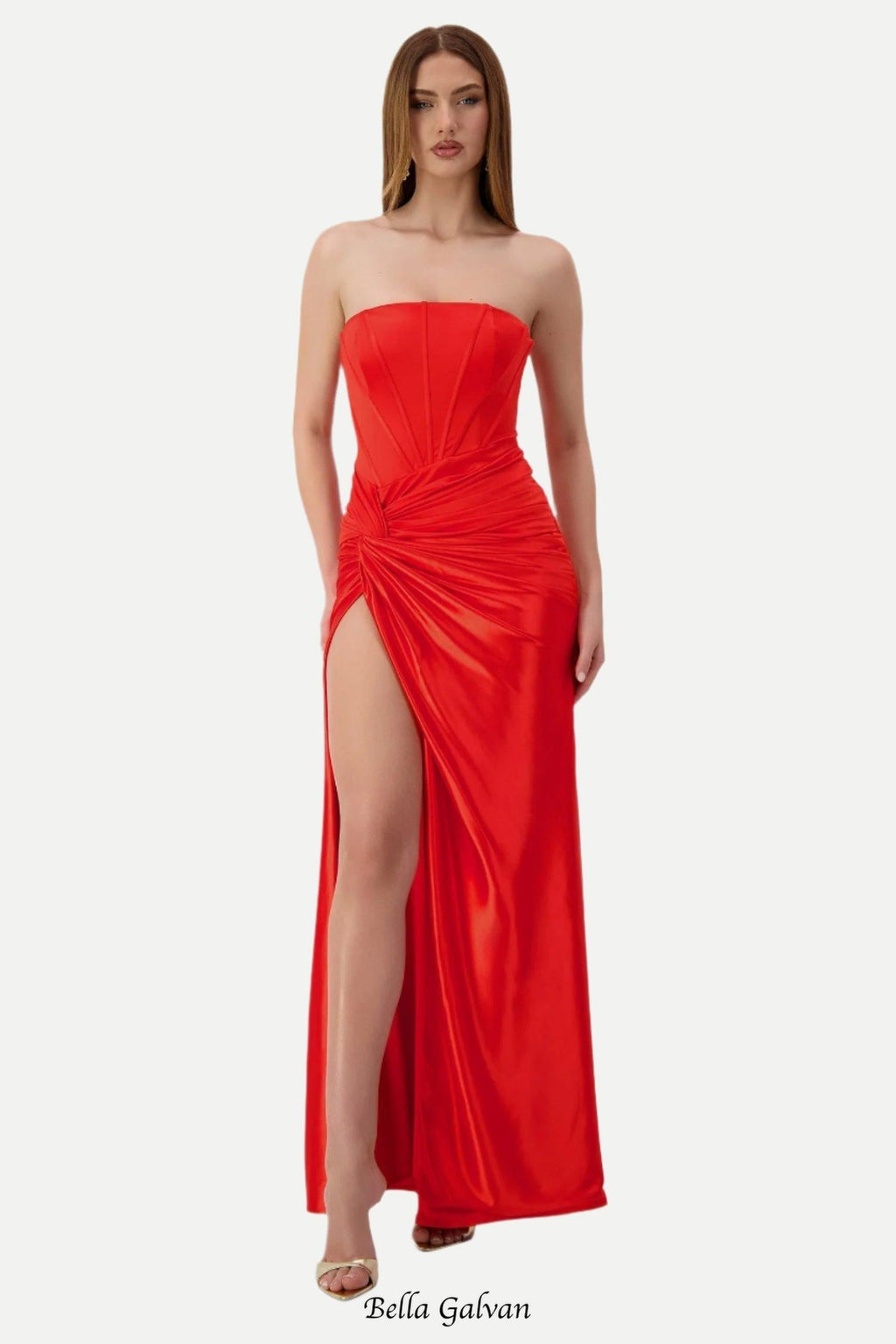 pleated strapless high slit maxi dress in red