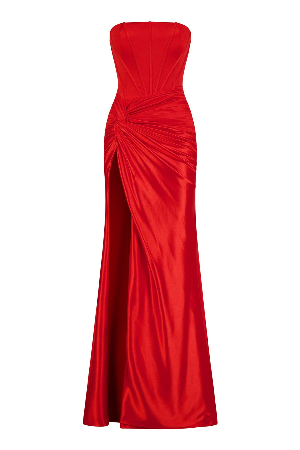 pleated strapless high slit maxi dress in red