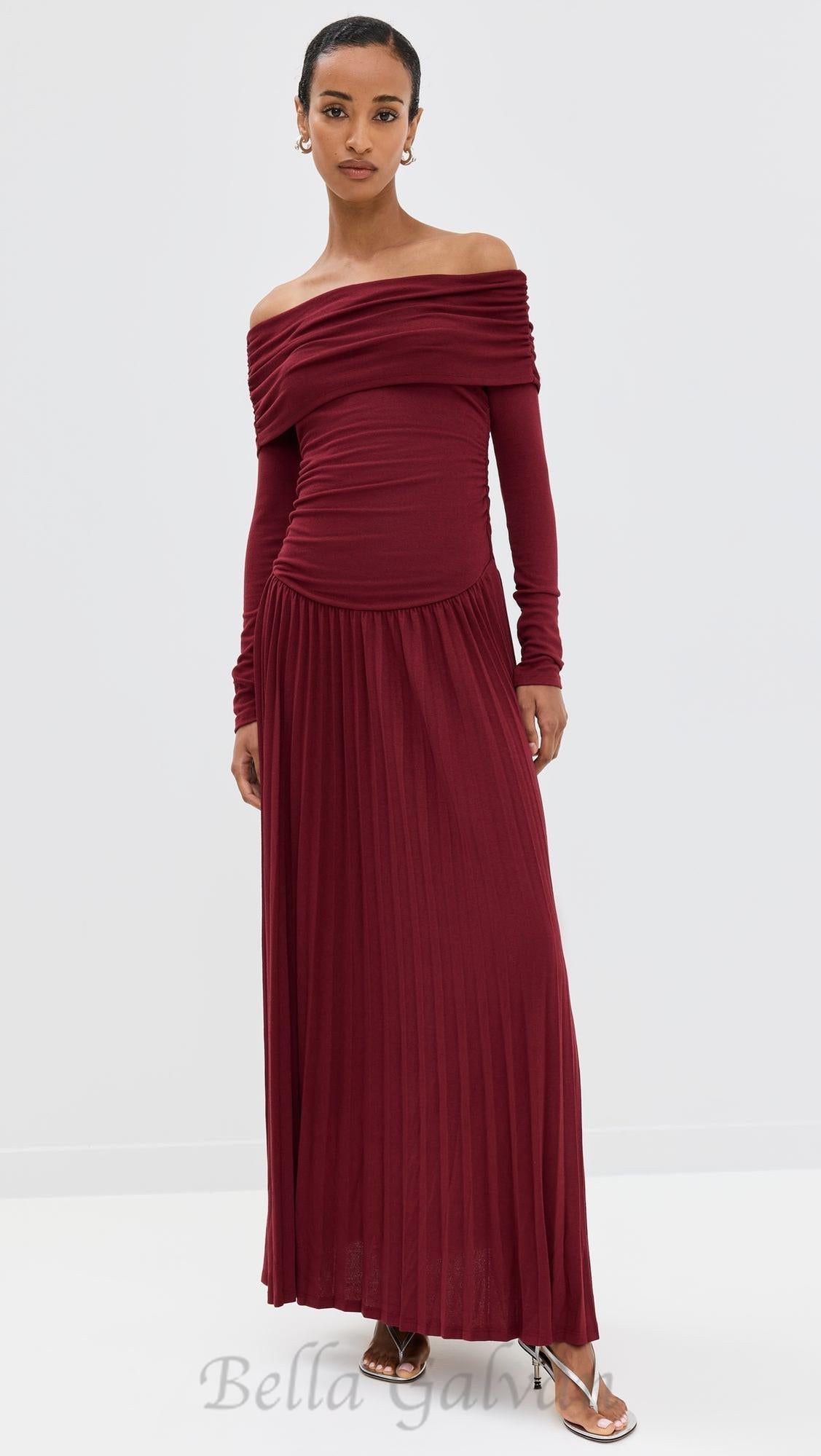 Flowering Girl Women sara bodycon strapless long sleeve maxi dress in burgundy