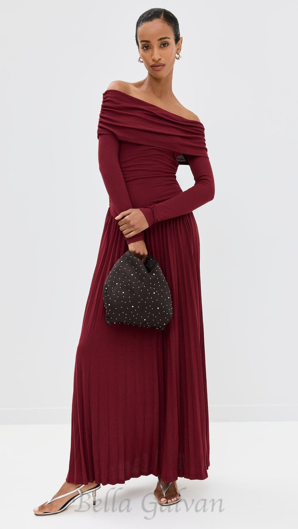 Flowering Girl Women sara bodycon strapless long sleeve maxi dress in burgundy