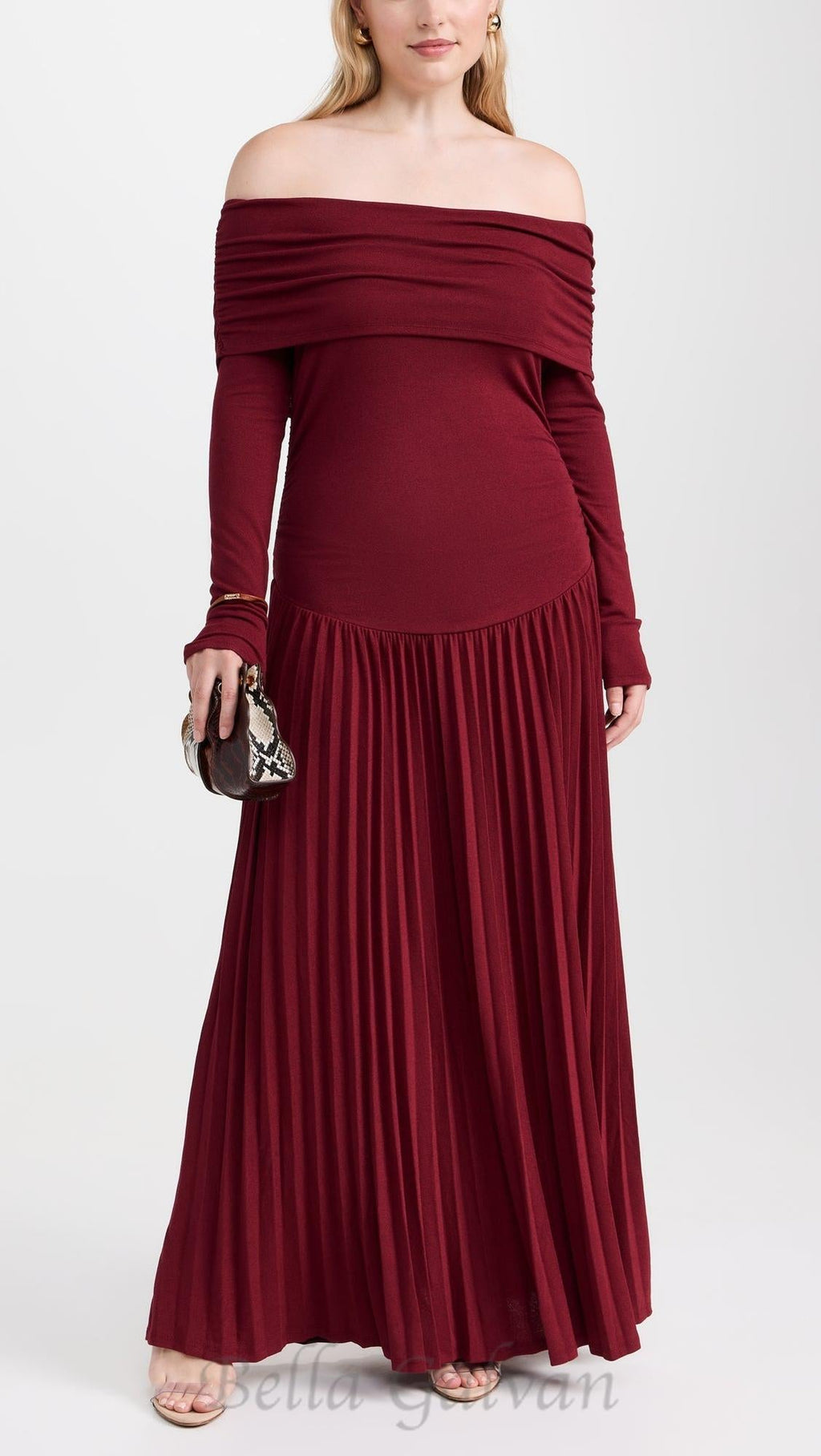 Flowering Girl Women sara bodycon strapless long sleeve maxi dress in burgundy