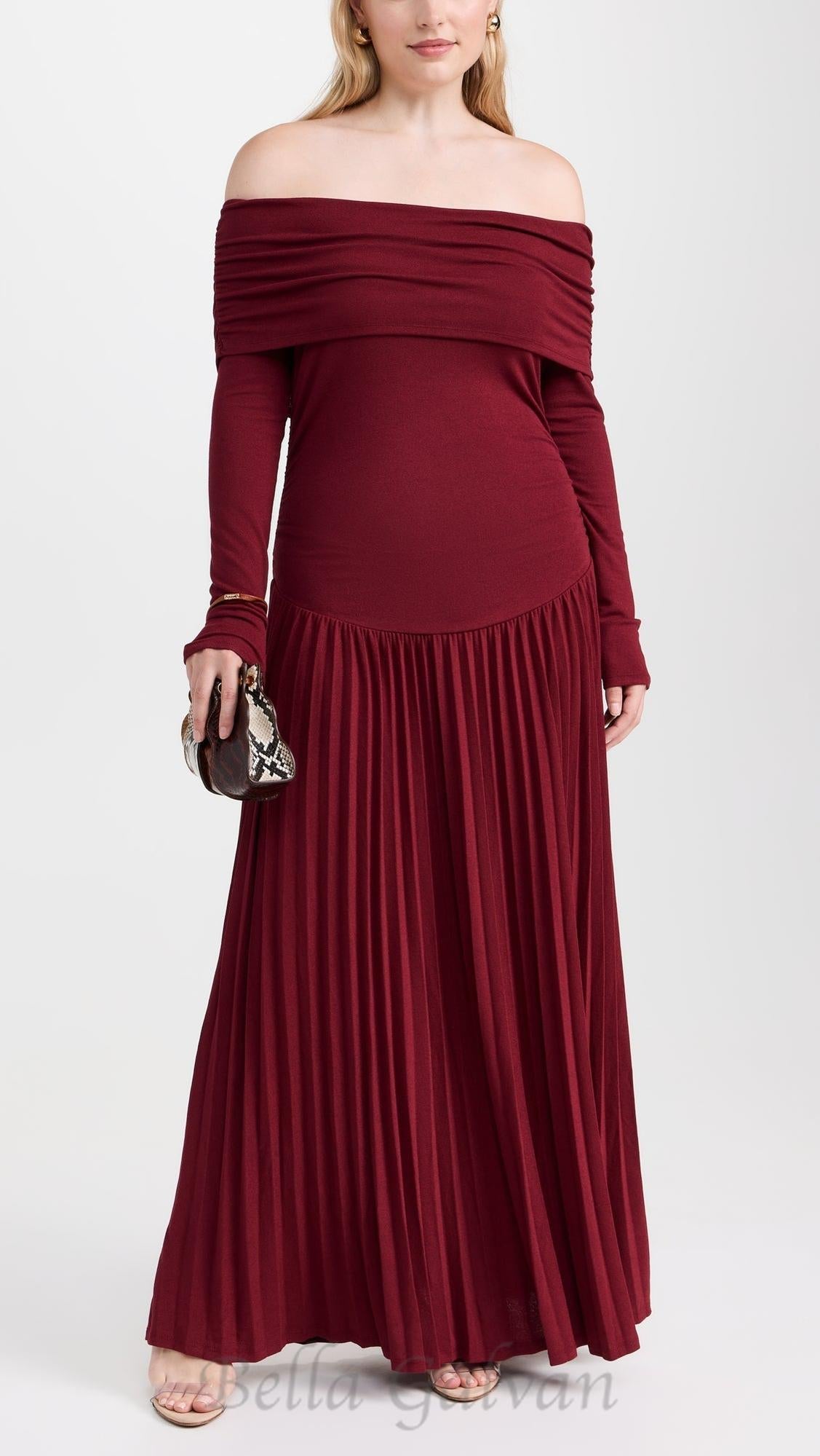 Flowering Girl Women sara bodycon strapless long sleeve maxi dress in burgundy