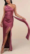 Flowering Girl Women Signature Elegance Mauve Purple Satin One-shoulder Maxi Dress