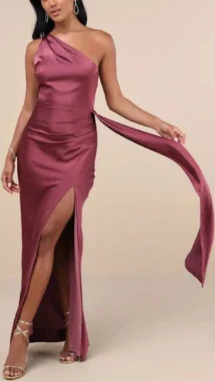 Flowering Girl Women Signature Elegance Mauve Purple Satin One-shoulder Maxi Dress