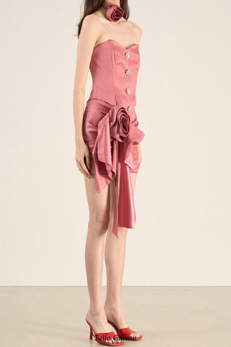 Tube Top Rosette Mini Two Piece Dress in Pink