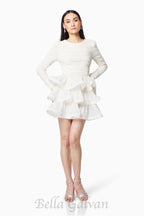 Flowering Girl Women Ruffle trim Long Sleeved Mini Dress in white