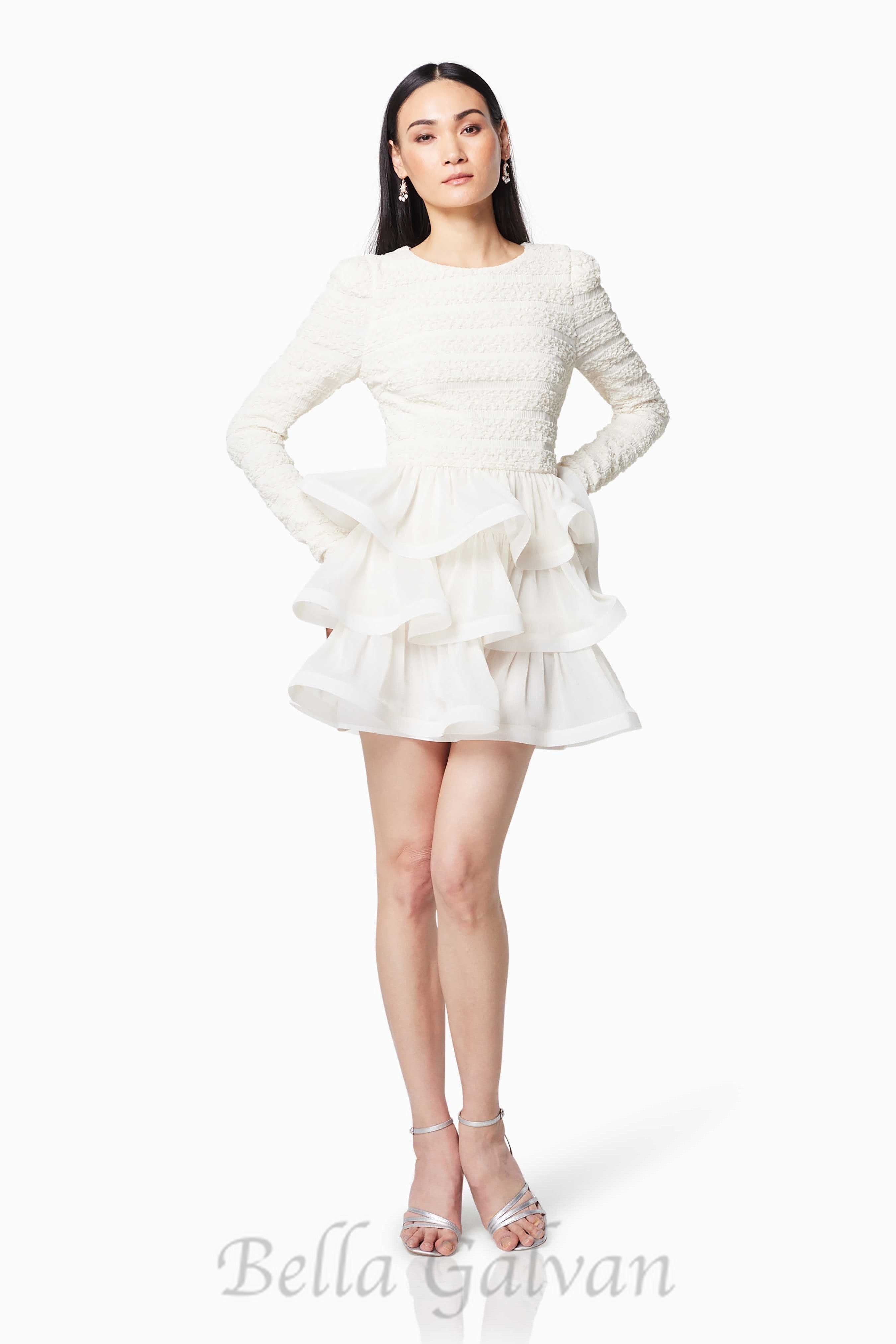 Flowering Girl Women Ruffle trim Long Sleeved Mini Dress in white