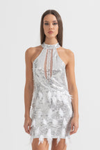 setlla Shimmering Sequin Cutouts Feathers Mini Dress - Silver