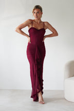 claire burgundy Irregular Ruffle Breathable Maxi Dress