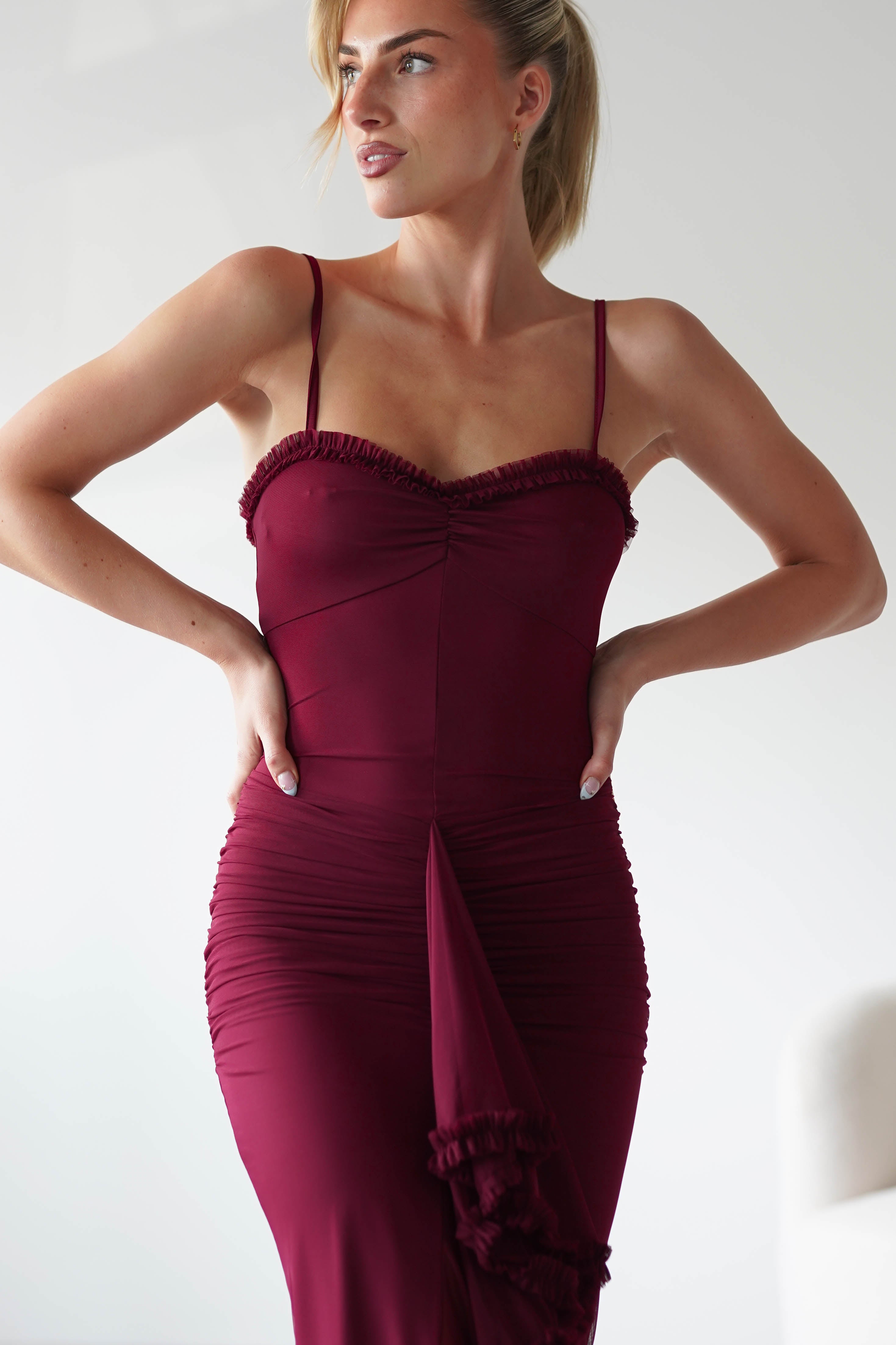claire burgundy Irregular Ruffle Breathable Maxi Dress