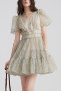 Printed V-Neck Tutu Mini Dress In Daisy Yellow