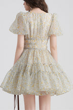 Printed V-Neck Tutu Mini Dress In Daisy Yellow