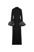 Rachel Black Ruffled Crystal-Embellished Crepe Mock-Neck Gown