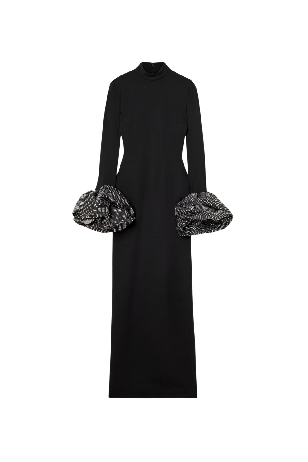 Rachel Black Ruffled Crystal-Embellished Crepe Mock-Neck Gown