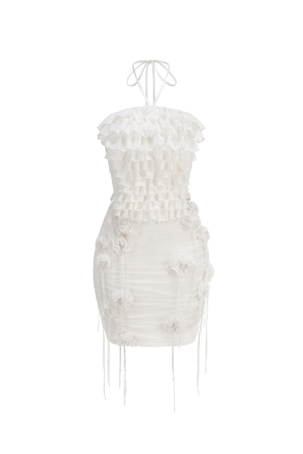 Flowering Girl Women Helen Halter Ruched Mesh Floral Mini Dress In White