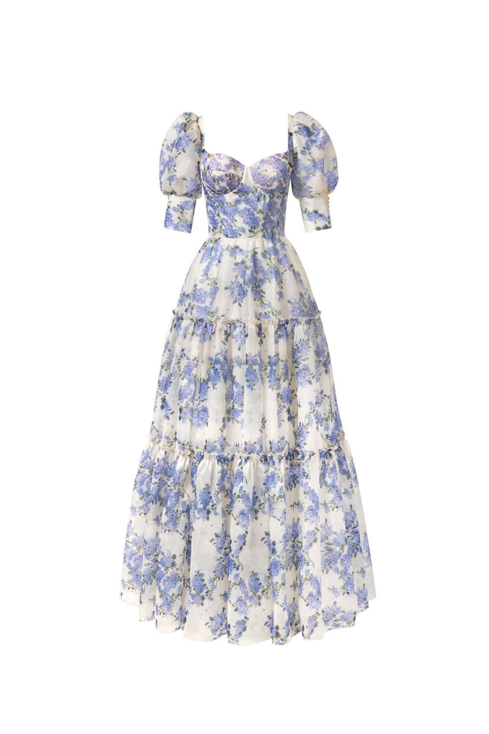 Flowering Girl Women Hydrangea Print Voluminous Sleeves Maxi Dress In Blue