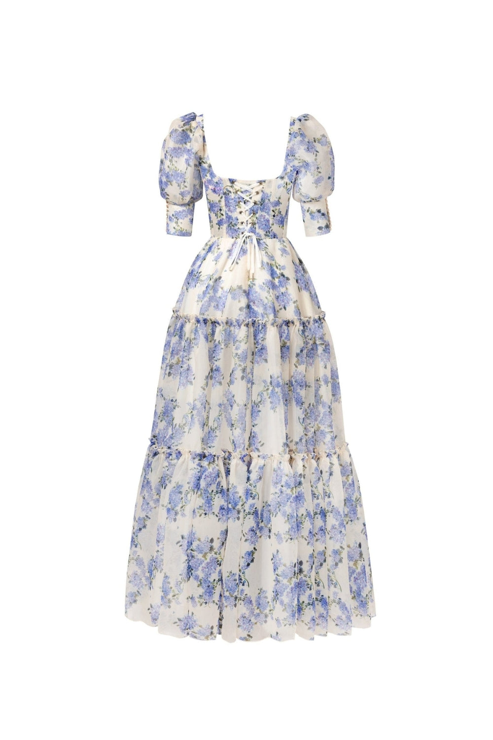 Flowering Girl Women Hydrangea Print Voluminous Sleeves Maxi Dress In Blue