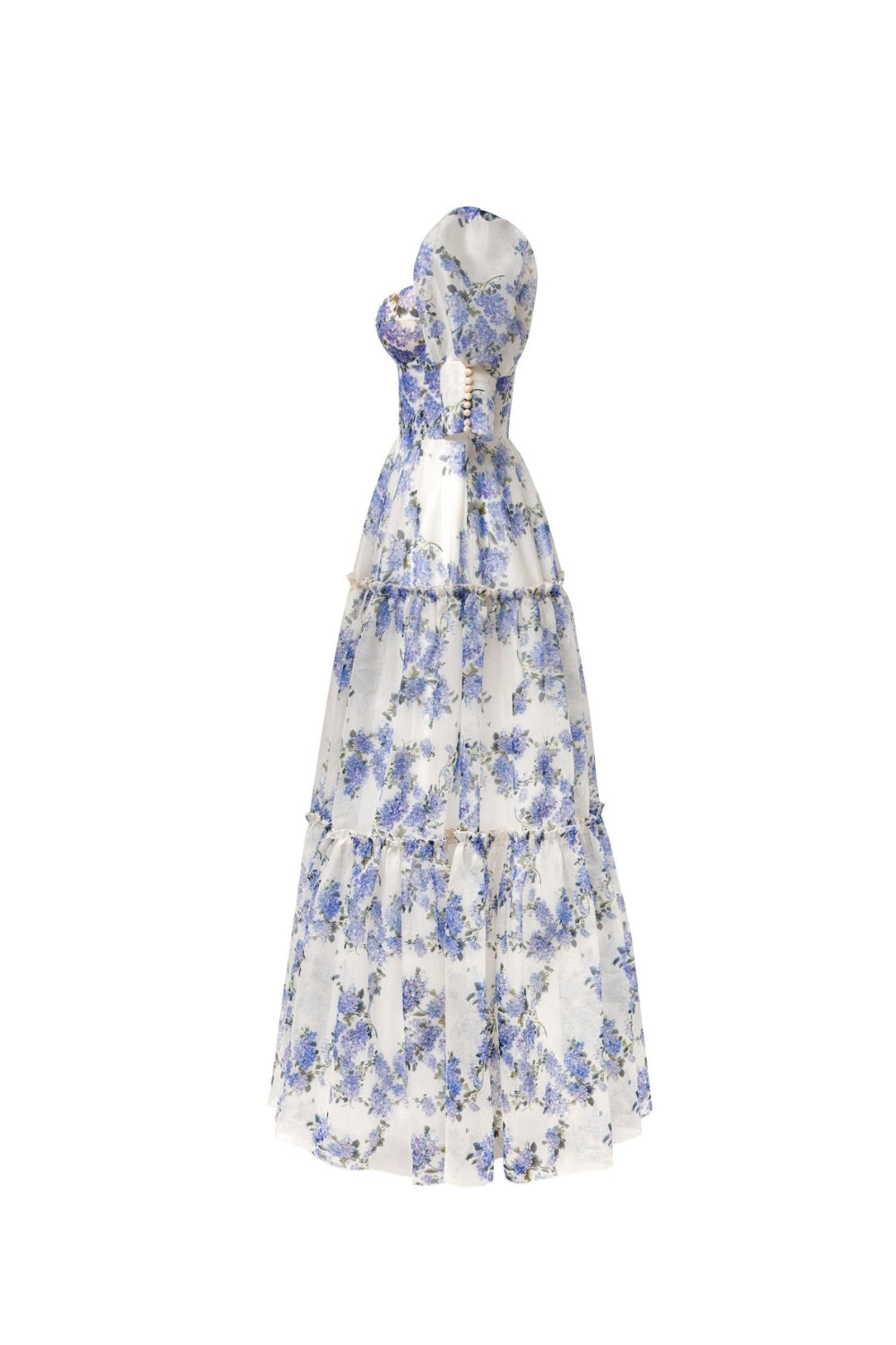 Flowering Girl Women Hydrangea Print Voluminous Sleeves Maxi Dress In Blue